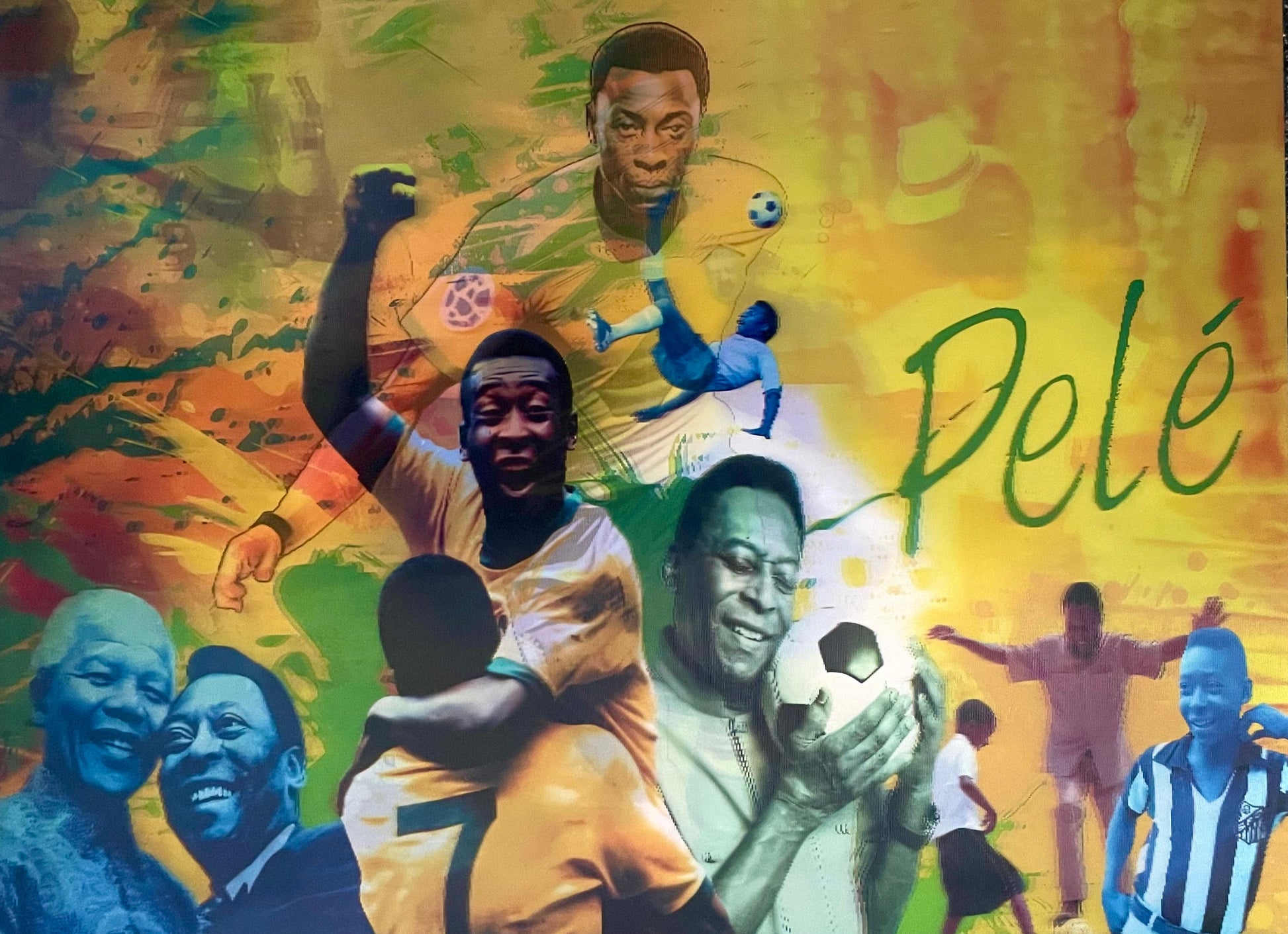 Collage of soccer players with a prominent figure labeled 'Pelé' against a colorful background.