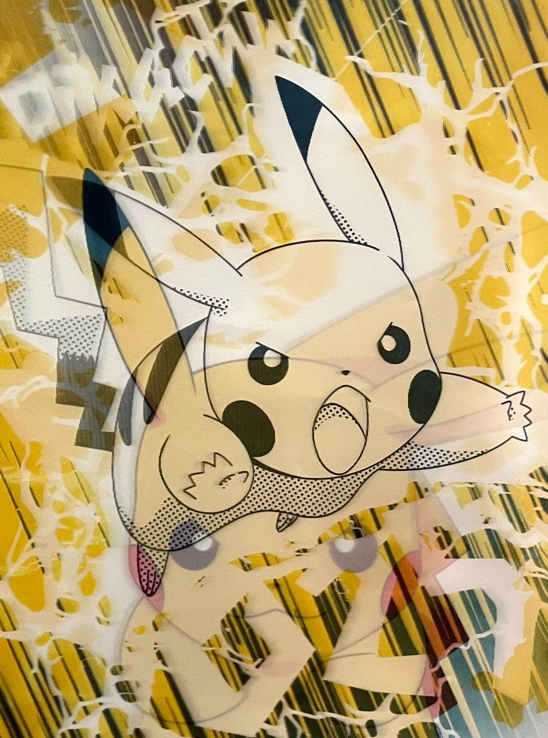 Cartoon character with fishnet stockings on a yellow and black abstract background