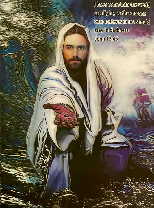 Jesus in a white robe with a beard, kneeling in water, with a quote from John 12:46.