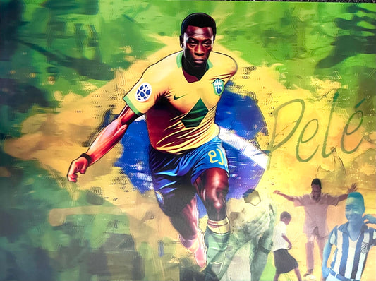 Soccer player in action with a colorful background featuring the name 'Pelé'.
