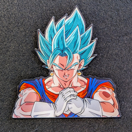 Character with blue hair and red and blue outfit Vegito cracking his knuckles on a black background